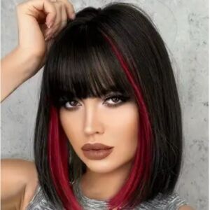 vibrant wine red on black 12” wig